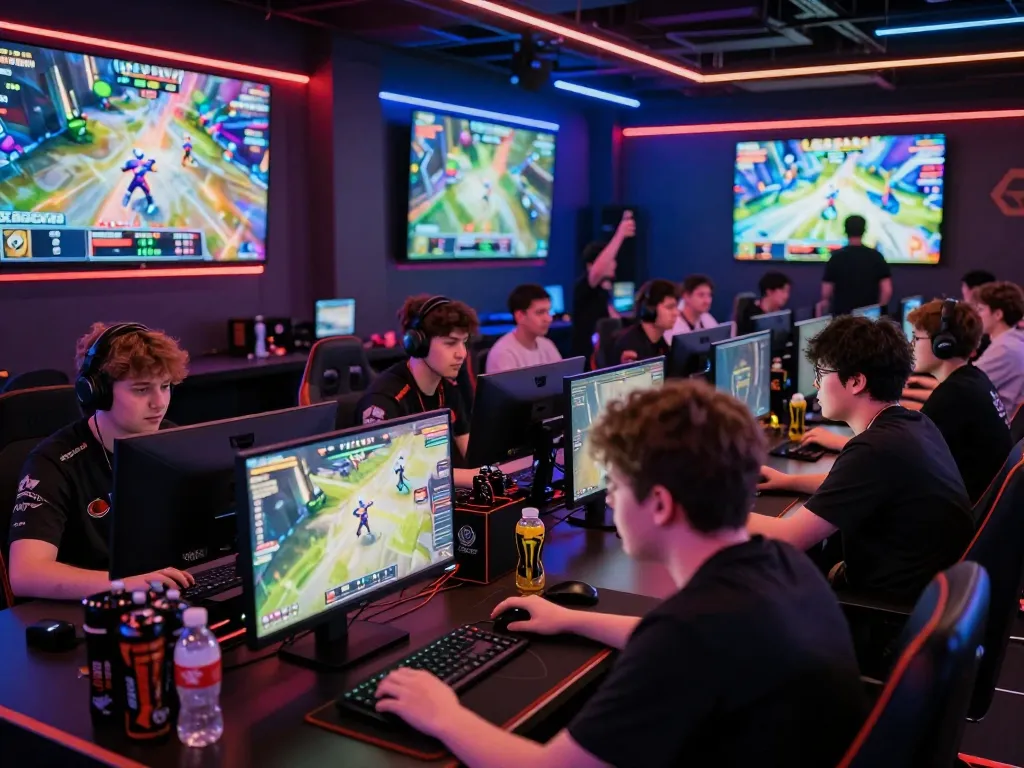 Exciting esports betting atmosphere with players focused on nổ hũ hubet88 during a gaming tournament, illuminated by vibrant LED lights.