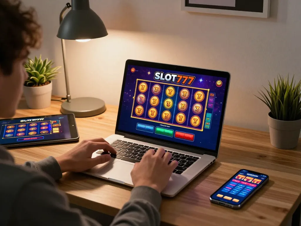 SLOT777 resmi online gaming interface displayed on laptop during engaging gameplay session.