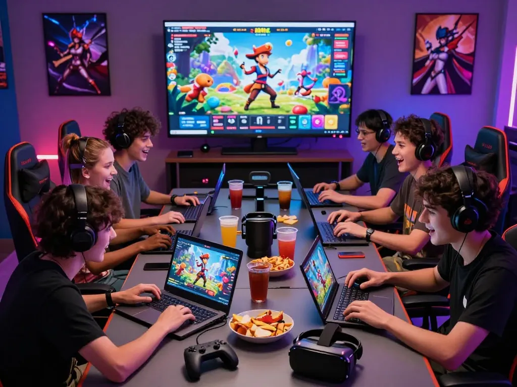 Group enjoying hentai games in a vibrant gaming room with a colorful atmosphere.