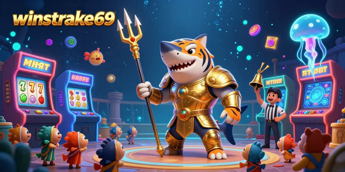 Winstrike69 elevates gaming with an exciting 3D digital illustration showcasing vibrant arcade and slot elements.
