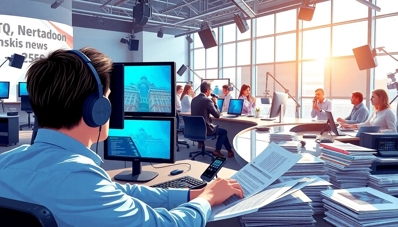 Capture news journalists collaborating in a dynamic newsroom environment.