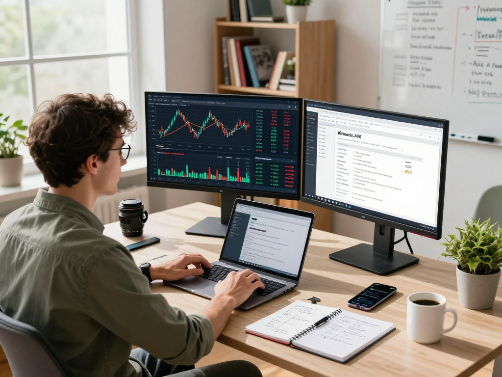 Developer utilizing the Germany stock WebSocket API in a modern workspace with stock data displays and trading tools.