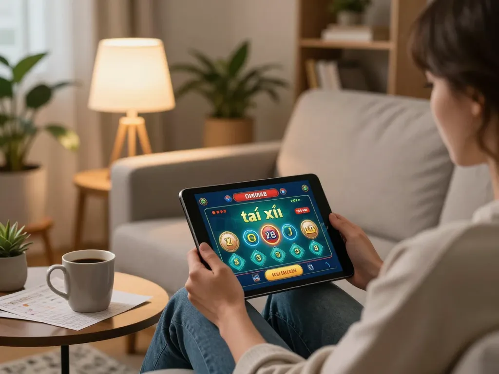 Engaging with an app tài xỉu online uy tín in a cozy living room, using tablets and notes for strategy.