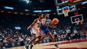 nba중계 중인 농구 경기에서 선수들이 경쟁하는 모습