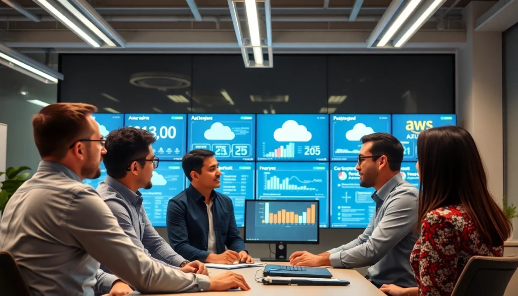 Illustration of Azure & AWS Integration strategies by IT professionals in a modern office setting.