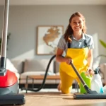 Cleaning Service team performing their duties in a bright, modern home setting, highlighting cleanliness and professionalism.