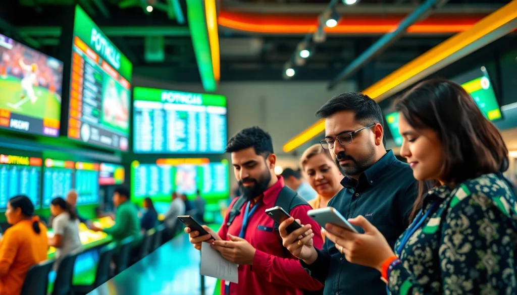 Engaged bettors exploring sports betting sites India at an energetic sportsbook with mobile devices.