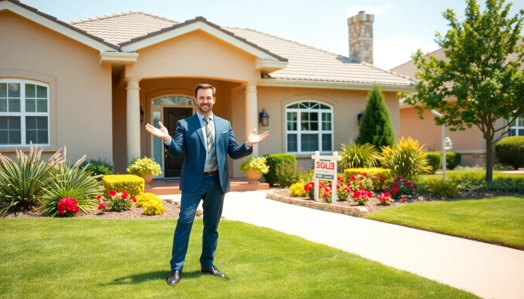 Showcasing a beautiful real estate property with a welcoming agent in a sunny neighborhood