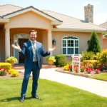 Showcasing a beautiful real estate property with a welcoming agent in a sunny neighborhood