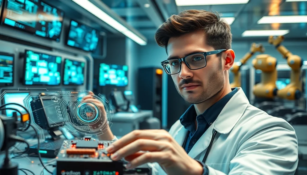 Technician interacting with advanced technology in a modern laboratory environment.