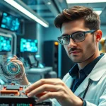 Technician interacting with advanced technology in a modern laboratory environment.