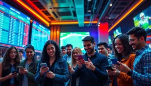 Engaging scene highlighting sports betting sites India, featuring diverse people using devices in a lively sportsbook setting.