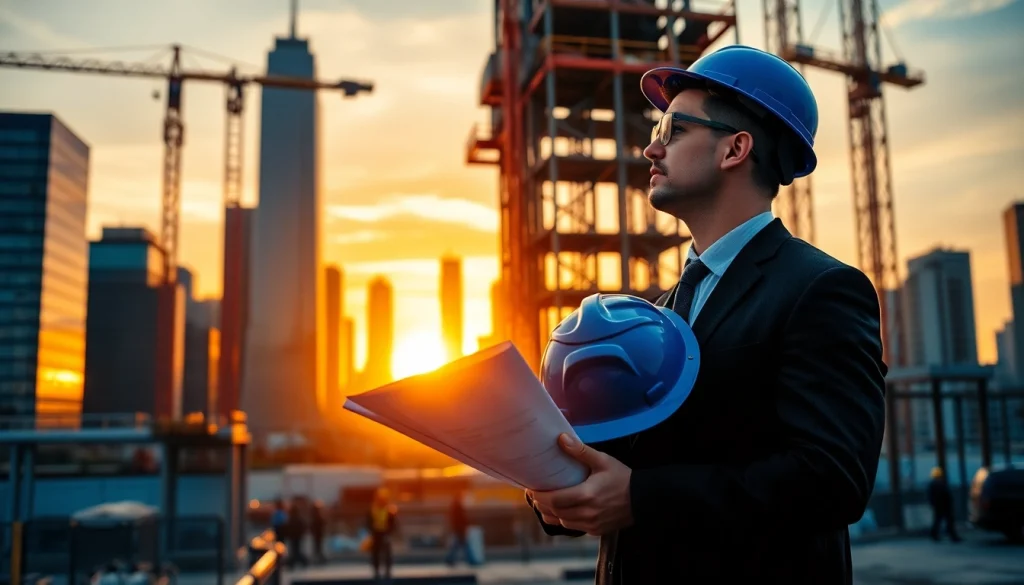 New York City Commercial General Contractor overseeing a construction site with a vibrant skyline.