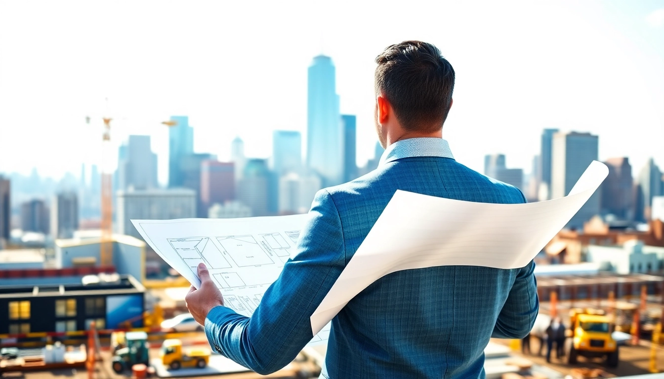 Manhattan Construction Manager overseeing a vibrant construction site with blueprints.