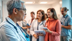 Health-focused interaction between a healthcare professional and patient in a bright clinic.