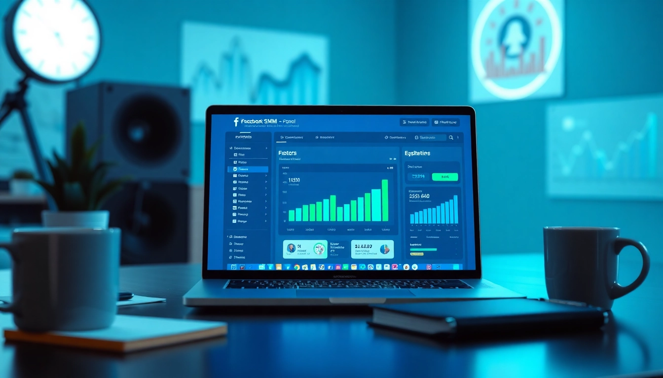 Showcase a vibrant facebook smm panel interface on a digital marketing workspace.