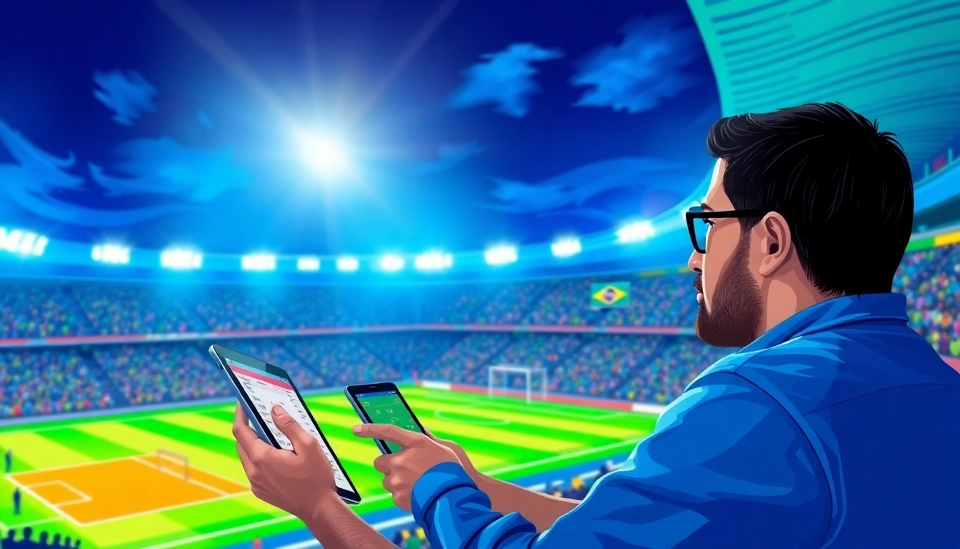 Engaging view of best sportsbooks Brazil, showcasing a fan analyzing betting odds at a lively stadium.