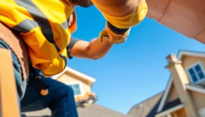 Showcasing professional roofing services, a skilled roofer working diligently on a sunny day.