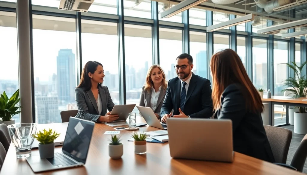 Find a job in Chicago through professional networking in a modern office setting.