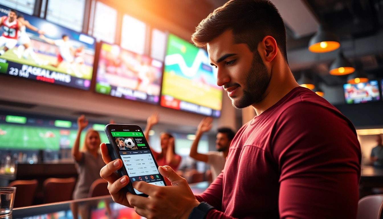Engaged user using sports betting sites India app in a lively sports bar setting.
