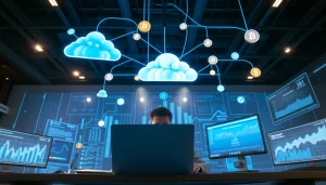 Discover the best cloud mining technologies in a futuristic workspace.