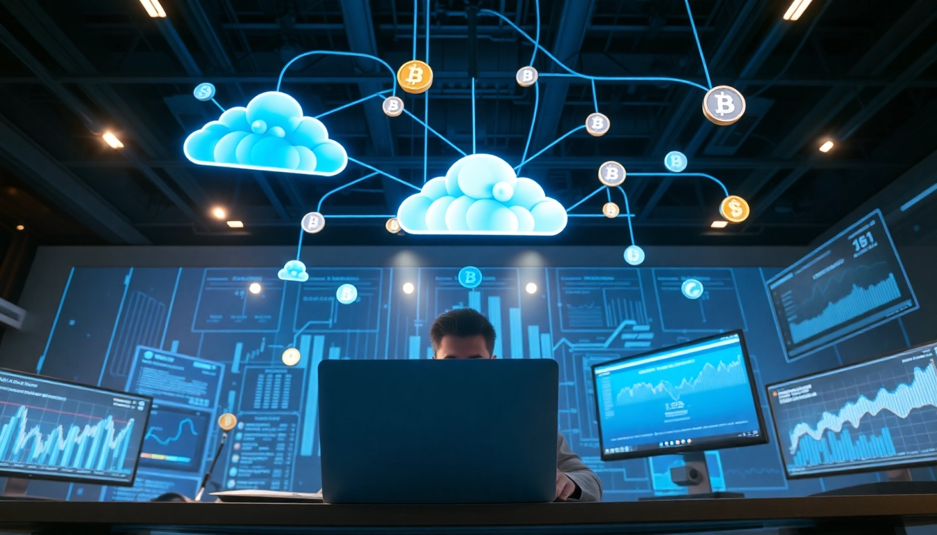 Discover the best cloud mining technologies in a futuristic workspace.