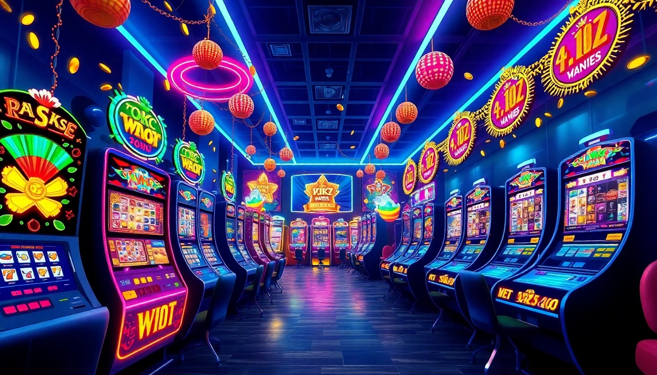 Exciting digital illustration of hoki138 pro slot machines in a lively casino setting with vibrant neon lights.