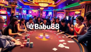 Babu88 poker table scene with colorful chips, cards, and roulette wheel, showcasing excitement in gambling.