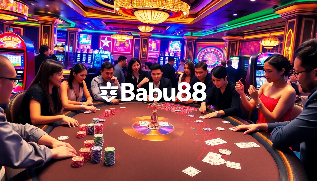Babu88 poker table scene with colorful chips, cards, and roulette wheel, showcasing excitement in gambling.