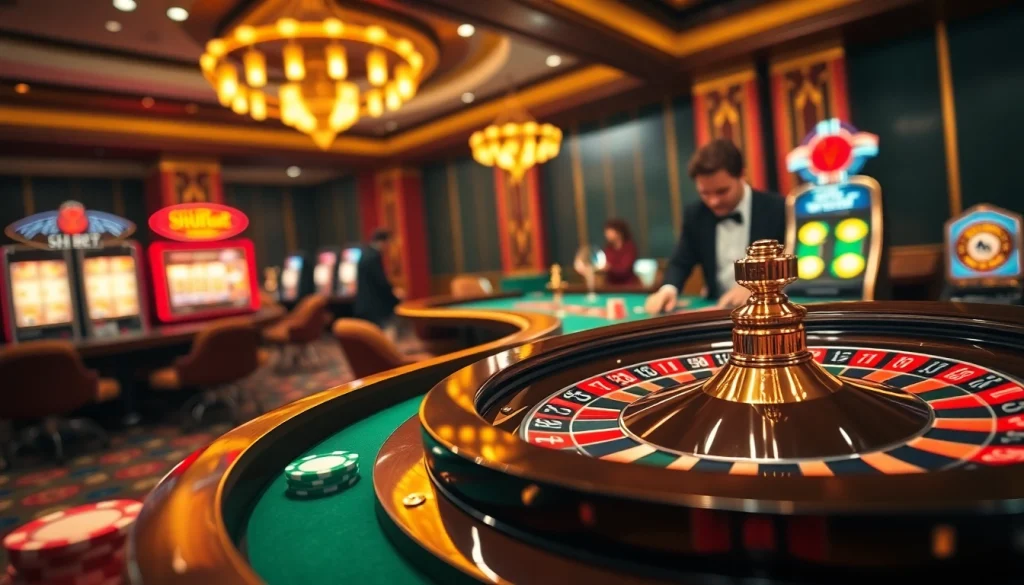 Experience the excitement of SHBET with a vibrant casino scene showcasing roulette and slot machines.