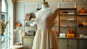 Rivelle dress showcased in an elegant boutique setting, highlighting its intricate details.