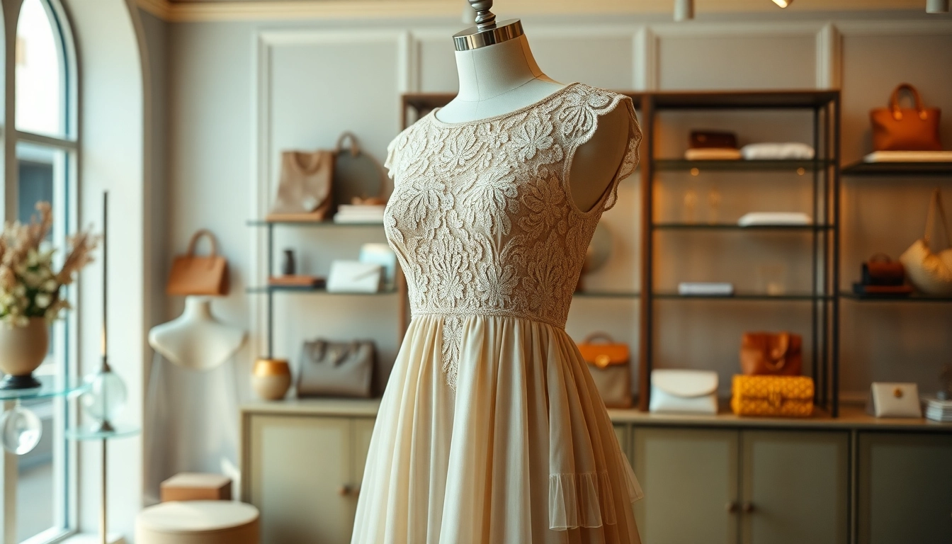 Rivelle dress showcased in an elegant boutique setting, highlighting its intricate details.