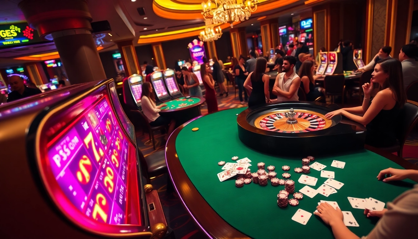 Experience the excitement of gambling at https://ee8868.shop/ with a modern casino scene showcasing roulette, slot machines, and poker chips.