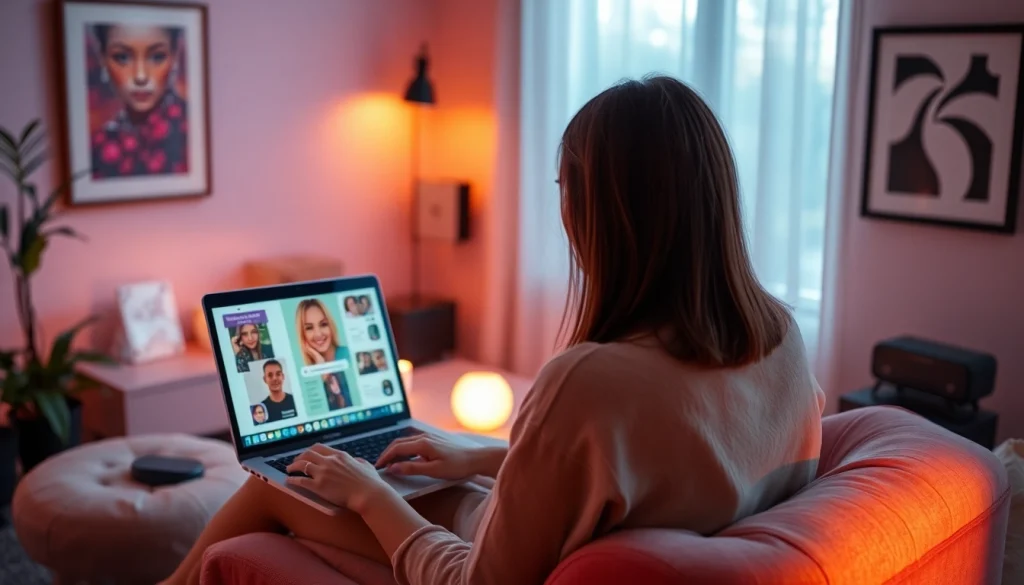 Engaging in intimate interactions using sex chat AI on a modern laptop in a cozy setting.