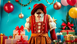 Pietenpak met luxe detailing en feestelijke accessoires in een vrolijke setting.