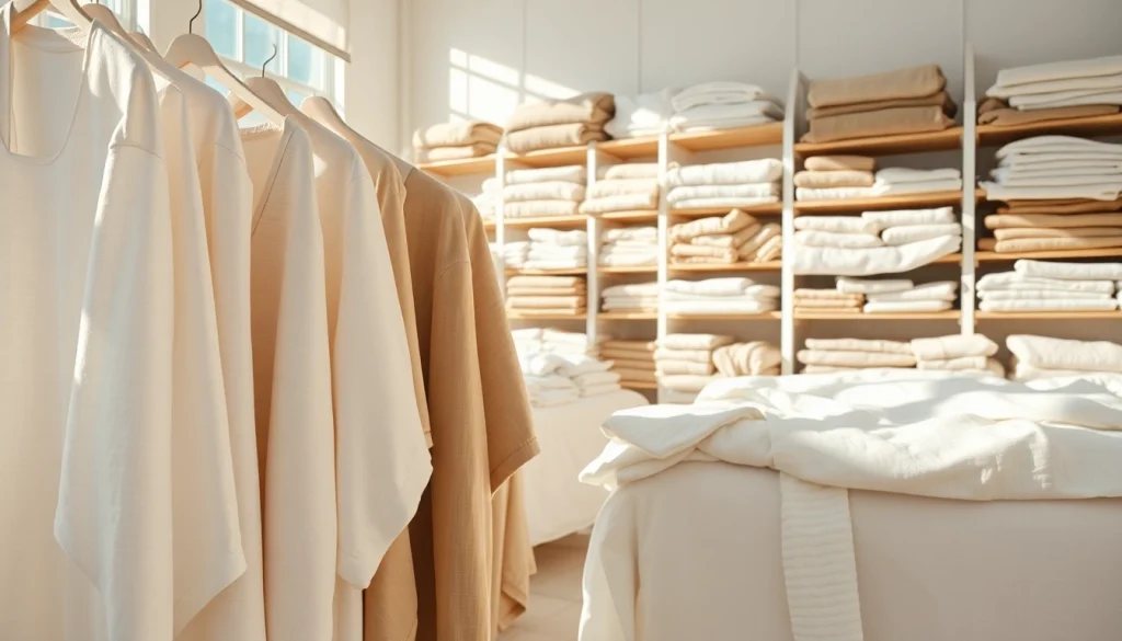 De linnen producten gepresenteerd in een serene omgeving benadrukken elegantie en comfort.