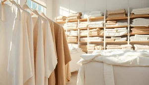 De linnen producten gepresenteerd in een serene omgeving benadrukken elegantie en comfort.