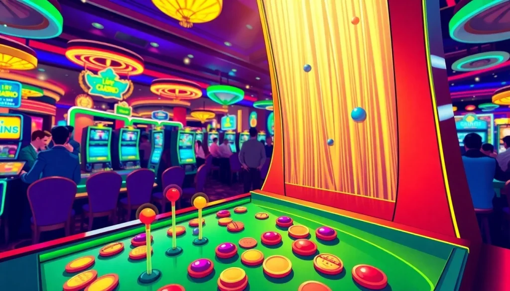 Main scene depicting action in demo plinko with colorful balls and pegs in a lively casino environment.