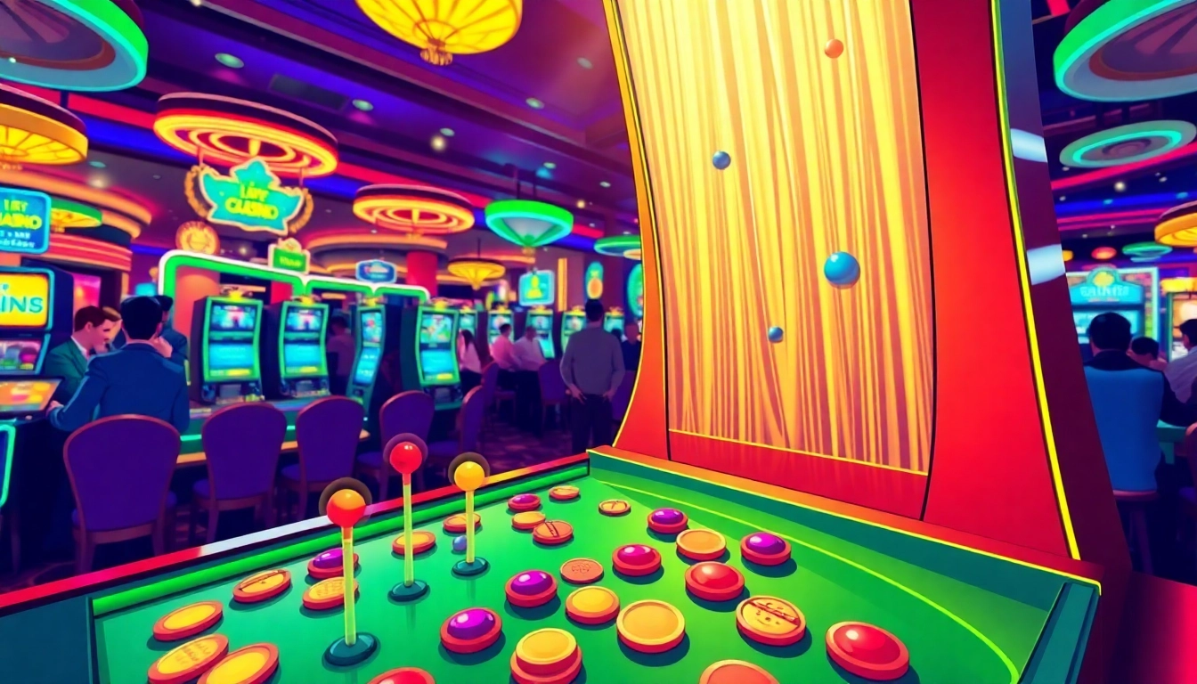 Main scene depicting action in demo plinko with colorful balls and pegs in a lively casino environment.