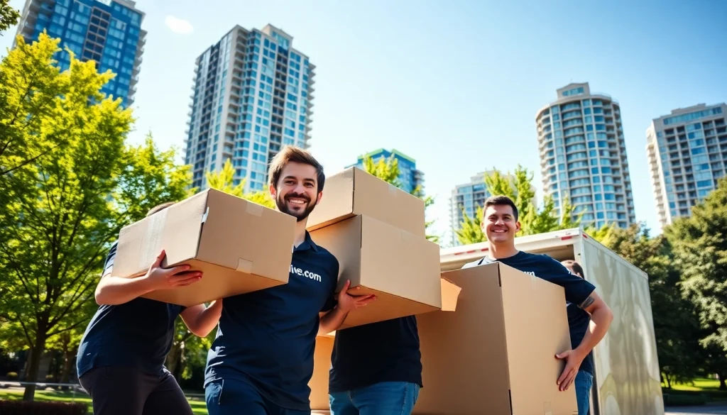 Best movers in Vancouver expertly lifting boxes during a sunny relocation, showcasing teamwork.