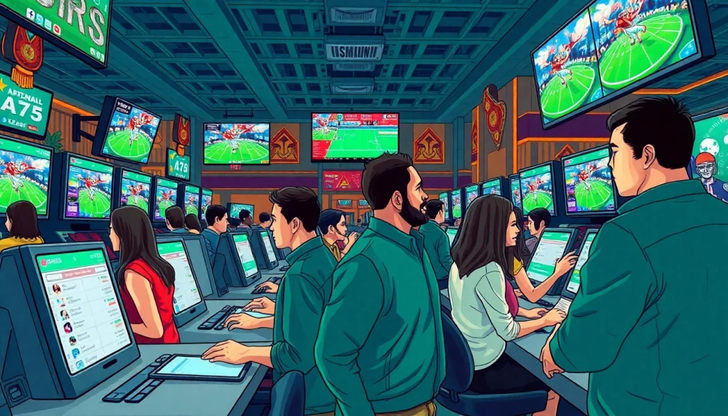 Engagement in online sports betting Oklahoma scene showcasing vibrant energy and excitement among bettors.