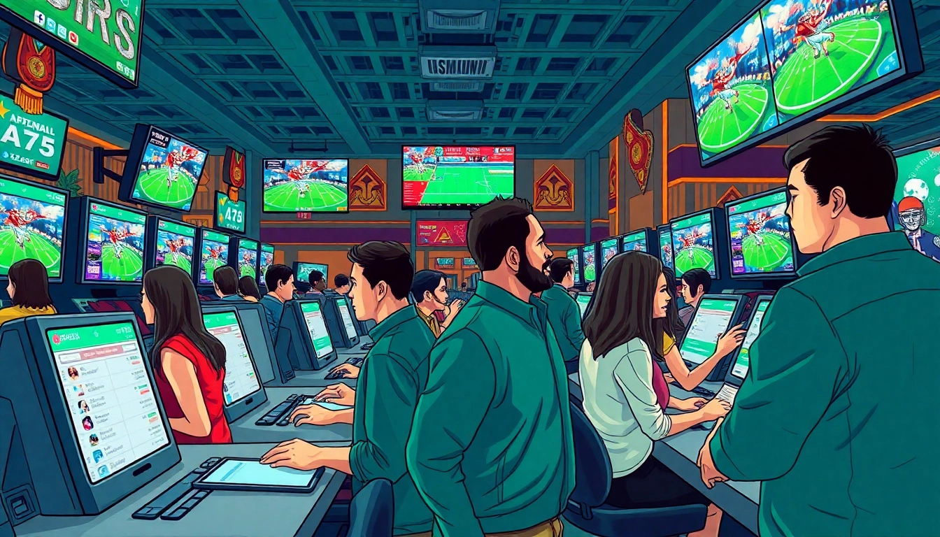 Engagement in online sports betting Oklahoma scene showcasing vibrant energy and excitement among bettors.