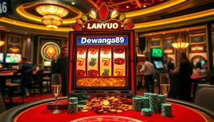 Pemain bersemangat menang besar di mesin slot mewah Dewanaga89 dalam suasana kasino yang penuh warna.