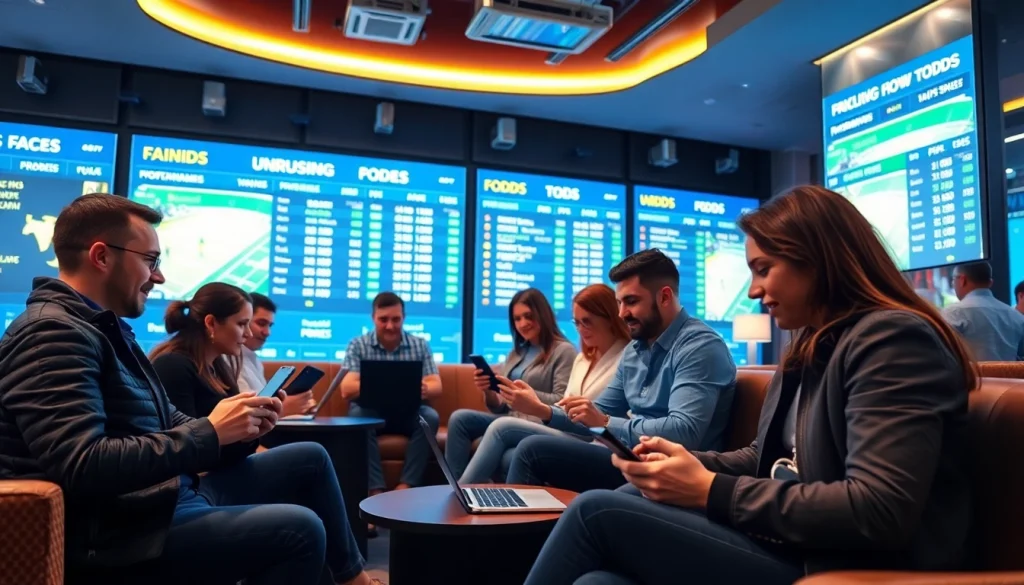 Engaging online sports betting Saskatchewan community enjoying mobile betting in a lively setting.