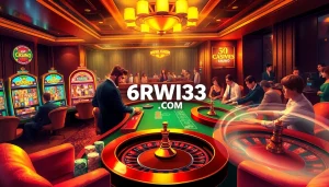 Experience the thrill of 6RWIN33 COM with a vibrant casino scene showcasing poker and slot action.