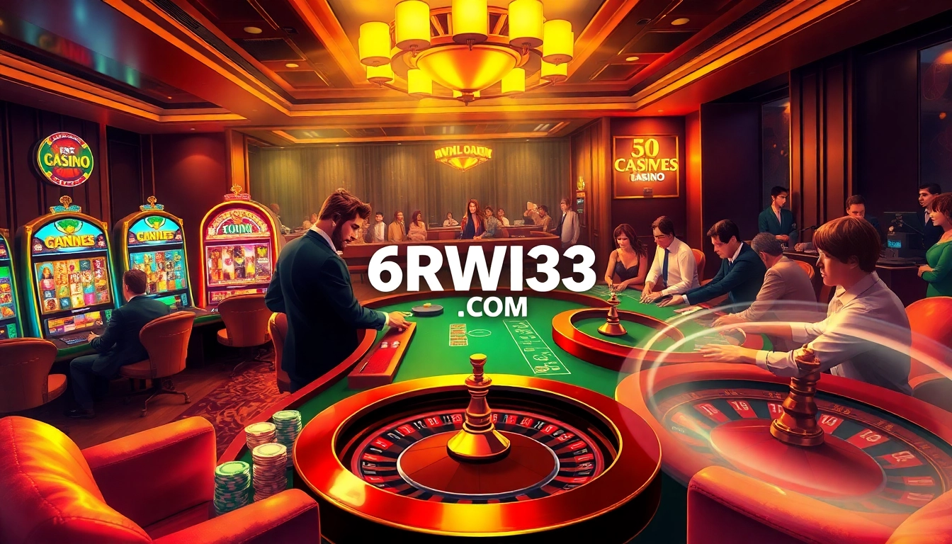 Experience the thrill of 6RWIN33 COM with a vibrant casino scene showcasing poker and slot action.
