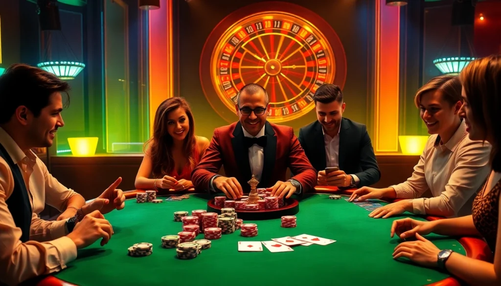 Players engaging with high-stakes poker at https://jun88buzz.info/, showcasing excitement and strategy in a luxurious casino ambiance.