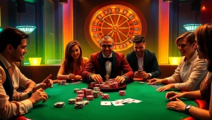 Players engaging with high-stakes poker at https://jun88buzz.info/, showcasing excitement and strategy in a luxurious casino ambiance.