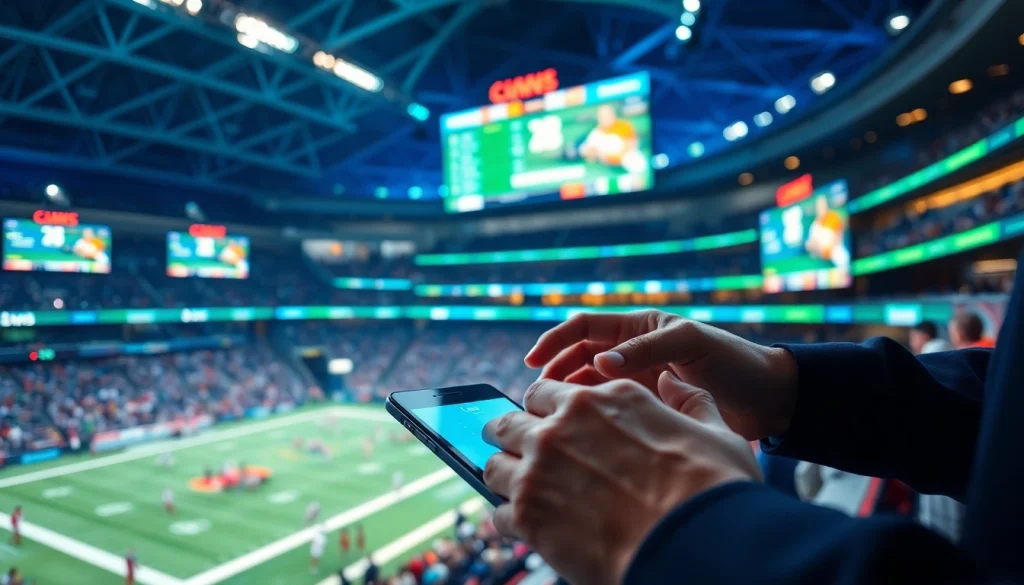 Engaged bettor using a mobile device for online sports betting Georgia with a vibrant sports background.