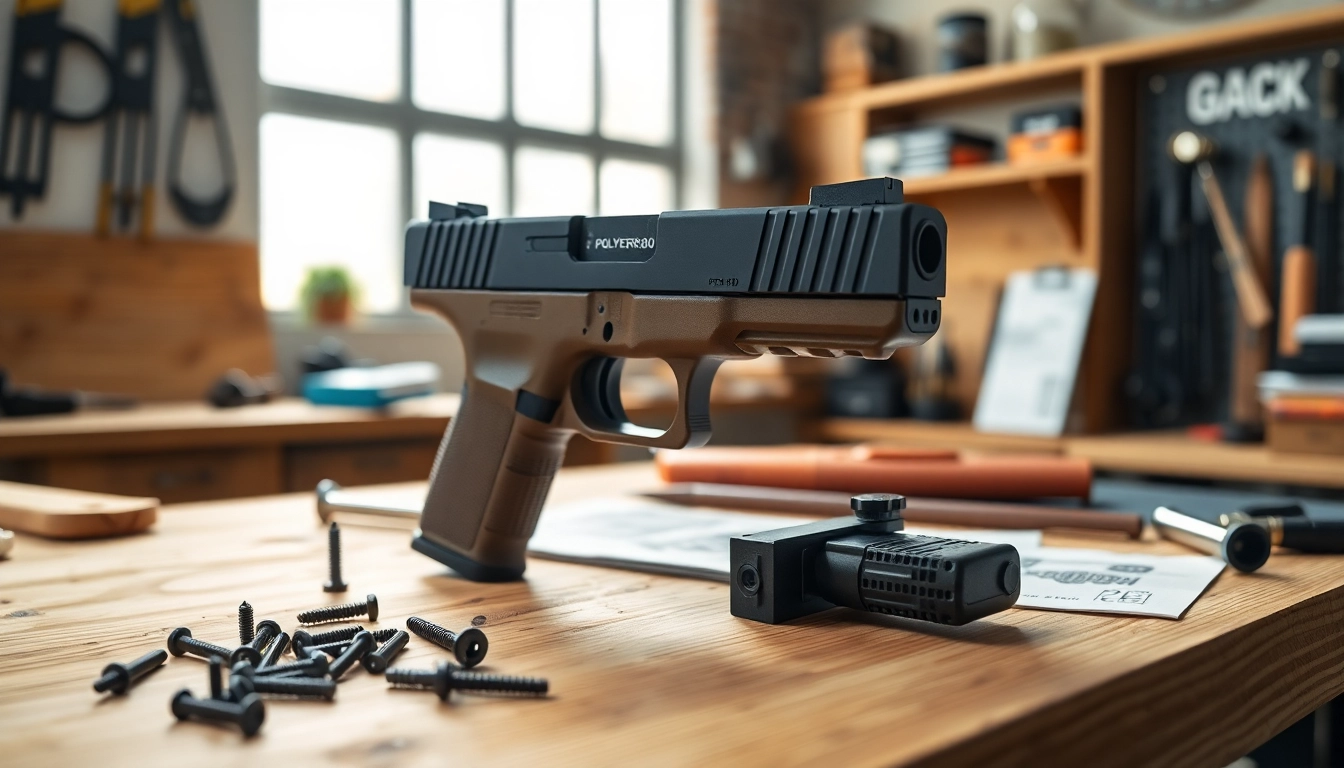 Showcase of polymer80 glock 19 pf940c complete kit on workbench, highlighting tools and assembly details.